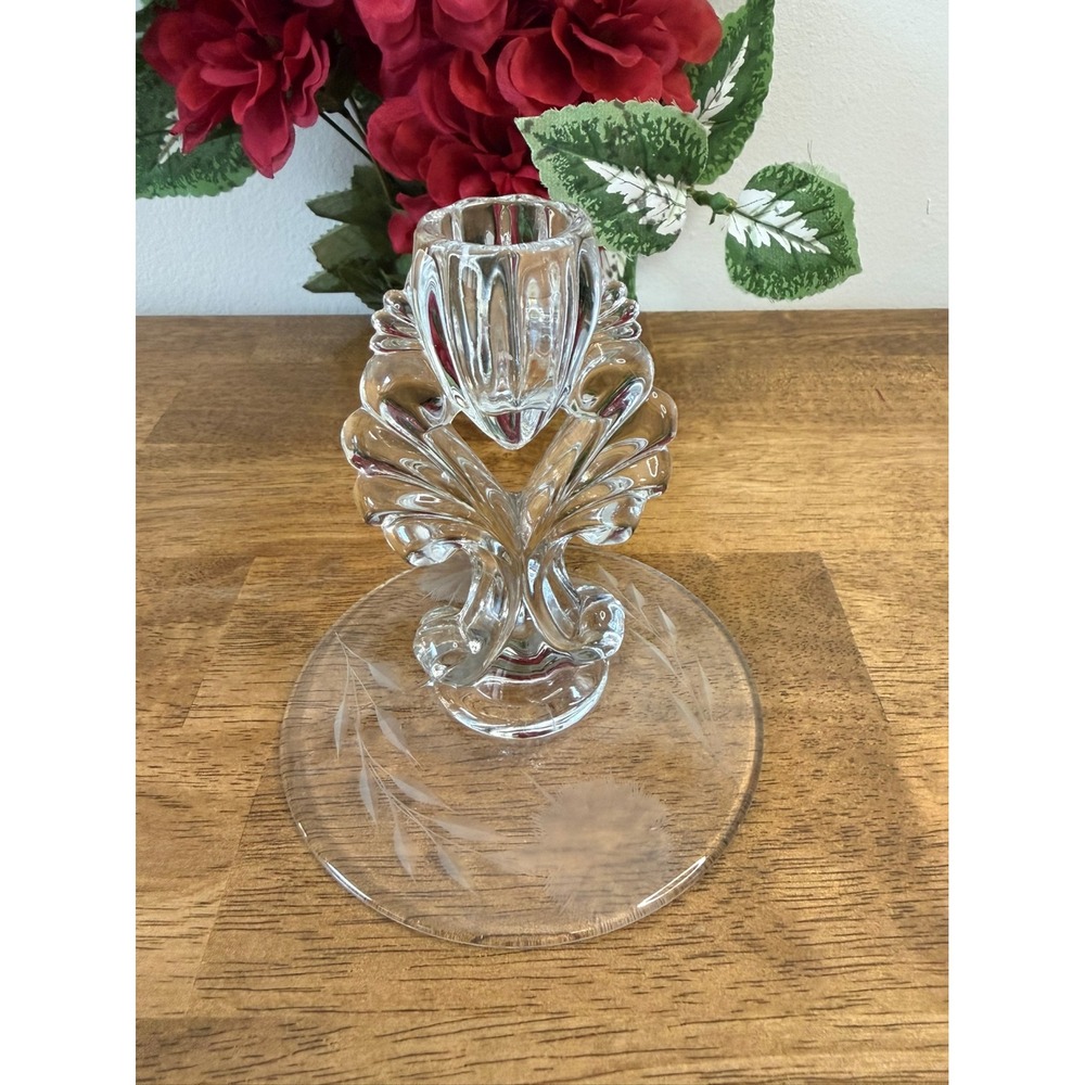 Vintage Pressed Glass Etched Floral Candle Holder‎ Centrepiece MCM Decor Retro